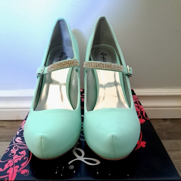 Qupid | menthol nubuck pu~ mint green high heel with rhinestone strap - Picture 3 of 9